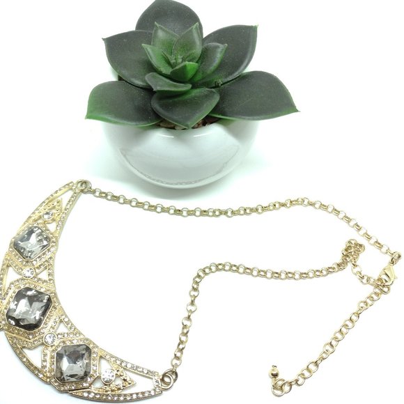 Gold Bar Necklace with Large Smoky Rhinestones Surrounded by Clear Rhinestones - Picture 4 of 8